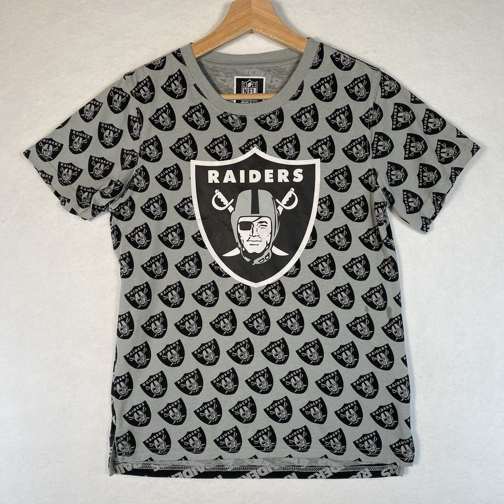 NFL Team Apparel Raiders T-Shirt Kids L 14-16 Gray Black All Over Print Sporty